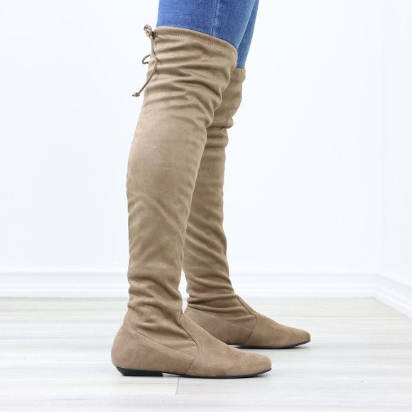 Taupe Thigh High Over The Knee Flat Boots Faux Suede - Picture 4 of 15